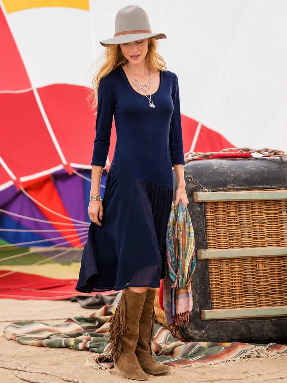 SUNDANCE: Navy Jersey Knit/Chiffon Blend Dress